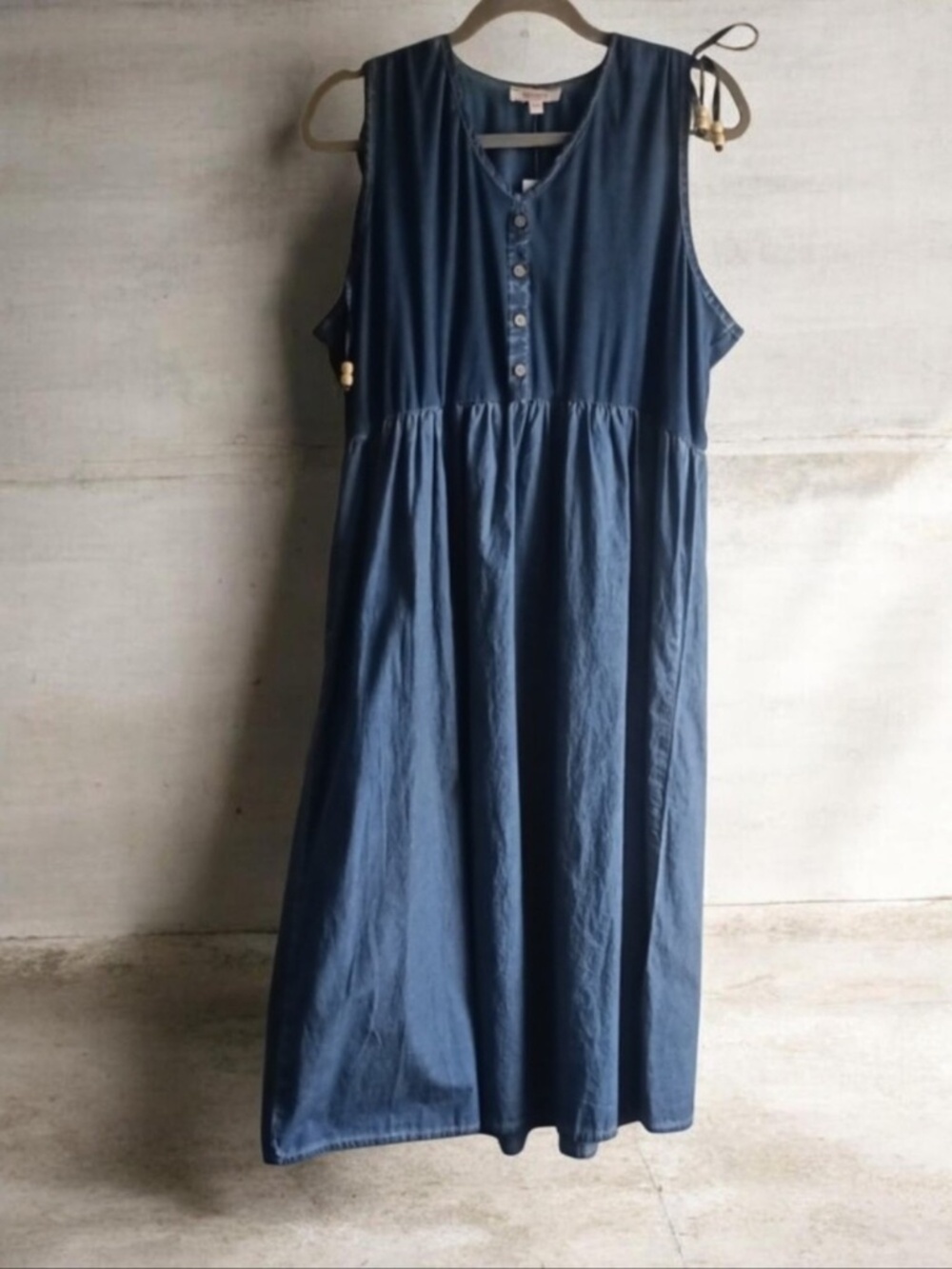 Tie-Shoulder Cotton Lightweight Denim Midi Dress in Dark Blue GRENIER - NWT